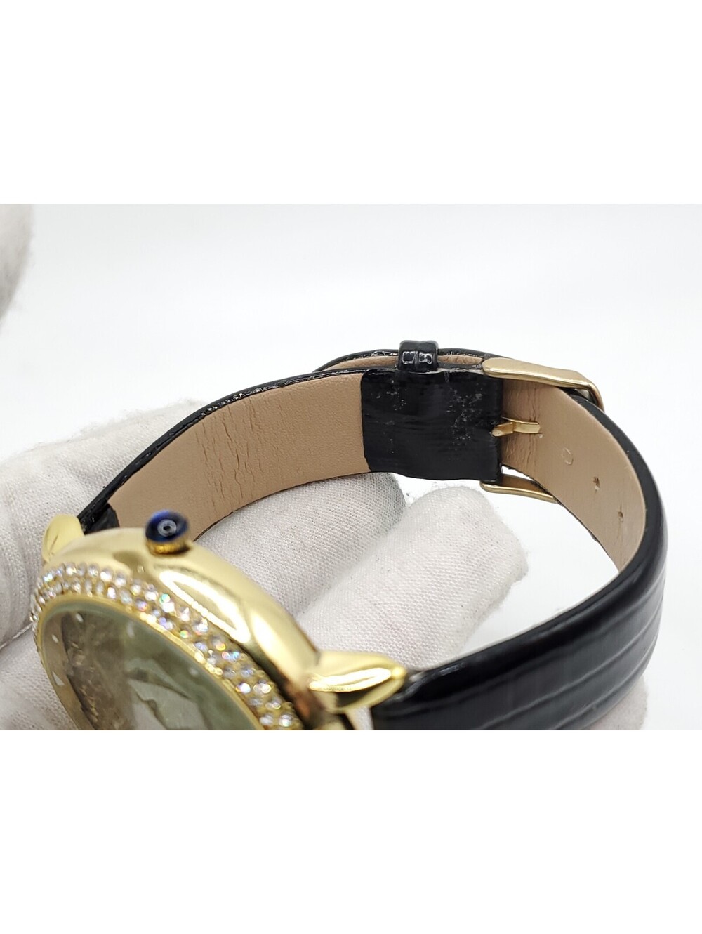 Strada Prisim Gem Quartz Watch Women New Battery Gold Tone Rhinestone Bezel 43mm - Picture 13 of 14